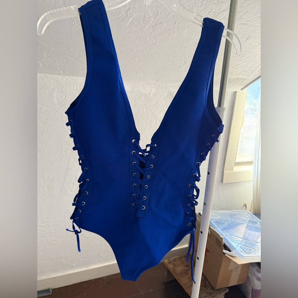 Herve leger style bodysuit lace up top blue